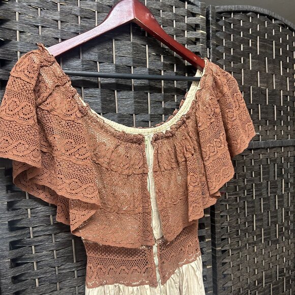 Vintage Brown Cream Handmade Fit and Flare Lace Top Dress Size Small - Picture 5 of 8